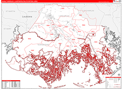 Houma-Thibodaux Metro Area Wall Map Red Line Style 2026